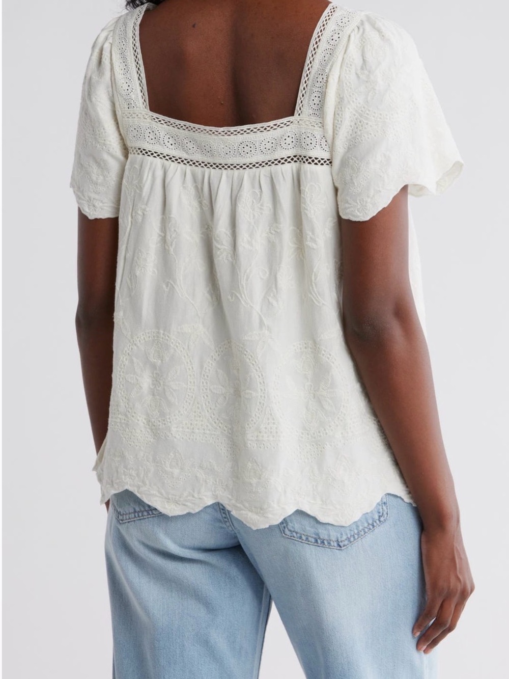 Lucky Brand Cream Embroidered Square-Neck Blouse with Flutter Sleeves